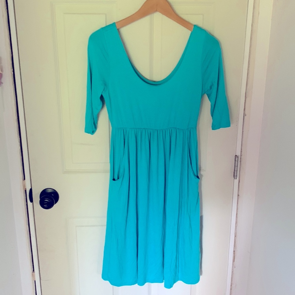 Pink blush maternity scoop neck dress teal blue